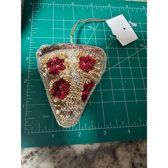 2 J.Crew Beaded Pizza Ornaments Sequins & Hanging Loop Embroidered logo Hoilday - Picture 8 of 12